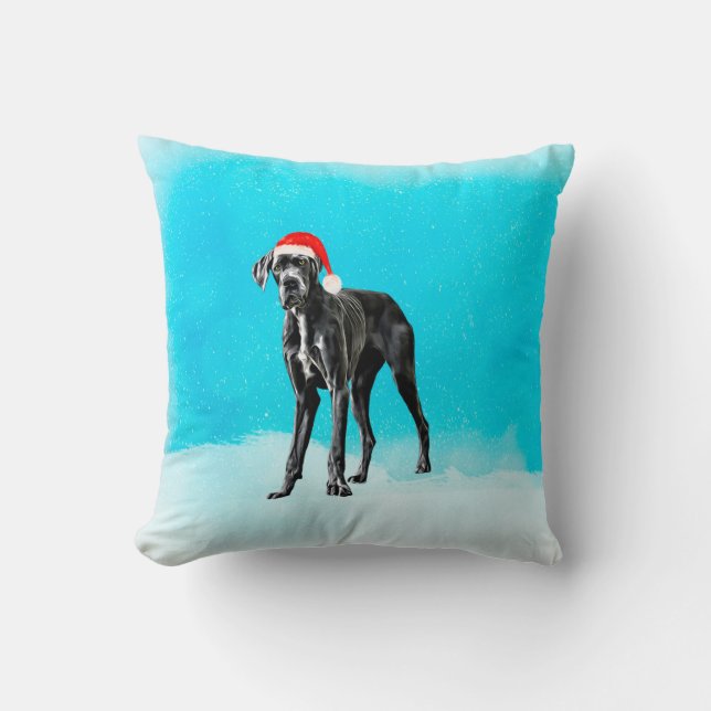 Great Dane Dog On Beach Christmas Hat Throw Pillow (Front)
