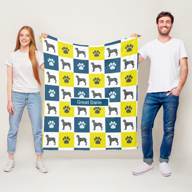 Great Dane Dog & Paw Print Yellow Grid Silhouette Fleece Blanket (In Situ)