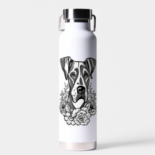 Great Dane Dog Puppy With Flowers Water Bottle