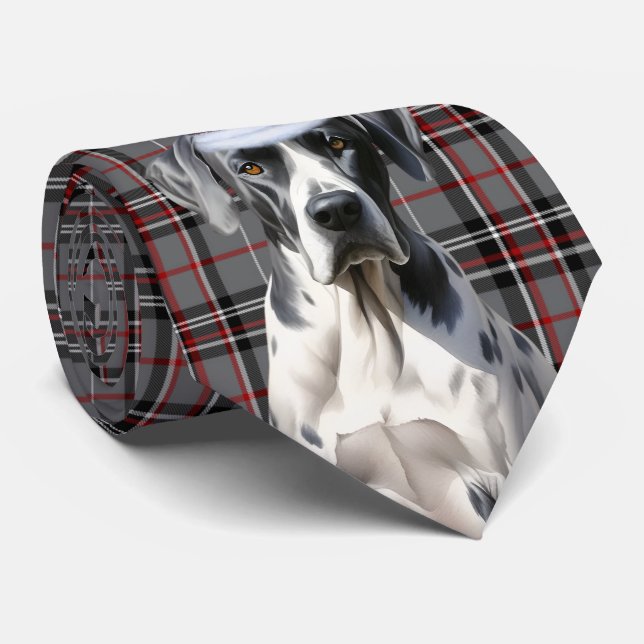 Great Dane Dog Red and Gray Plaid Christmas Neck Tie (Rolled)
