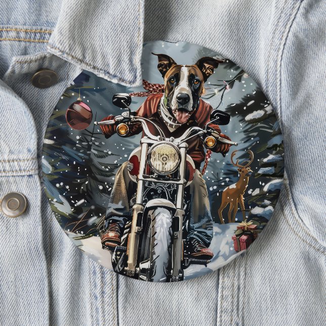 Great Dane Dog Riding Motorcycle Christmas Button (In Situ)