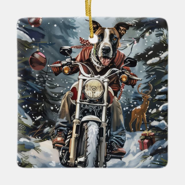 Great Dane Dog Riding Motorcycle Christmas Ceramic Ornament (Front)