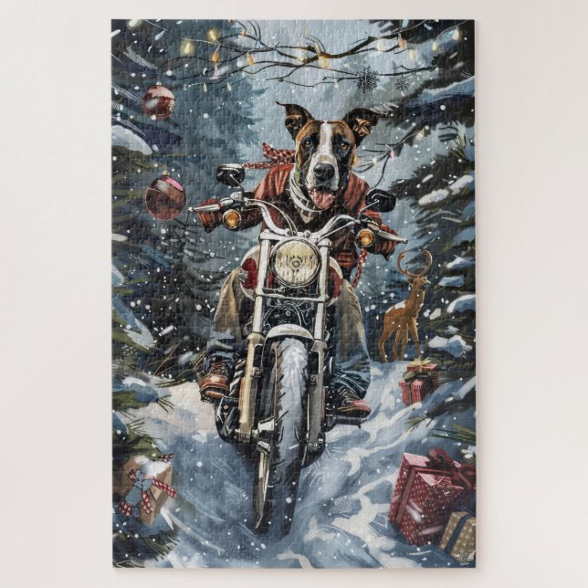 Great Dane Dog Riding Motorcycle Christmas Jigsaw Puzzle (Vertical)