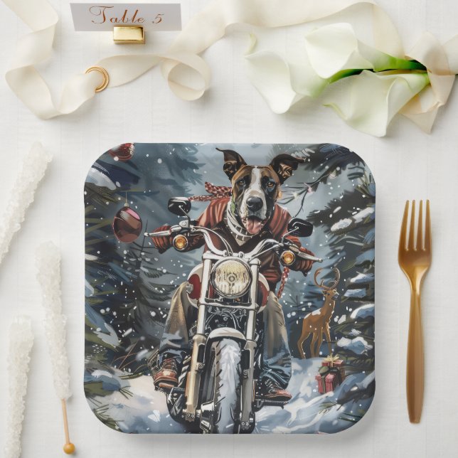 Great Dane Dog Riding Motorcycle Christmas Paper Plates (Wedding)