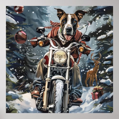 Great Dane Dog Riding Motorcycle Christmas Poster