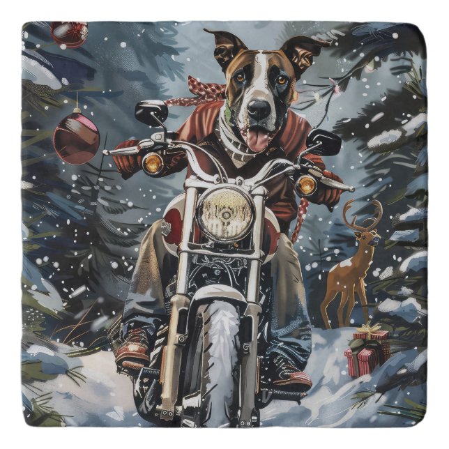 Great Dane Dog Riding Motorcycle Christmas Trivet (Front)