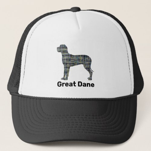 Great Dane Dog Silhouette Yellow  Blue Grids Trucker Hat