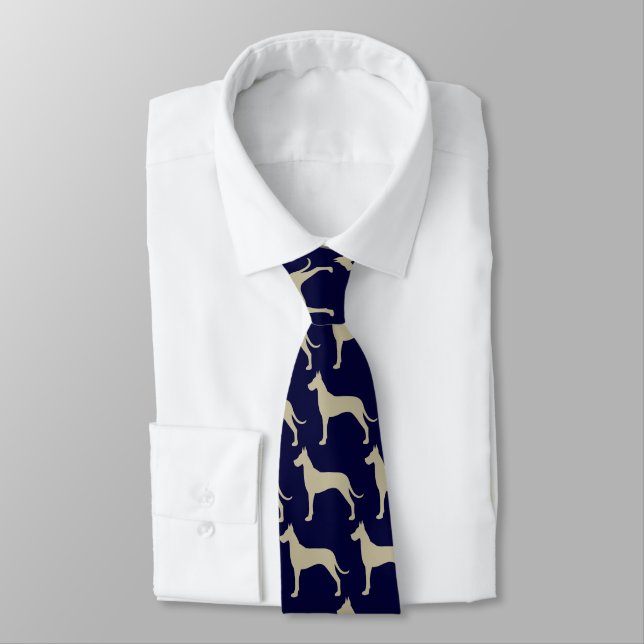 Great Dane Dog Silhouettes Pattern Blue and Tan Neck Tie (Tied)