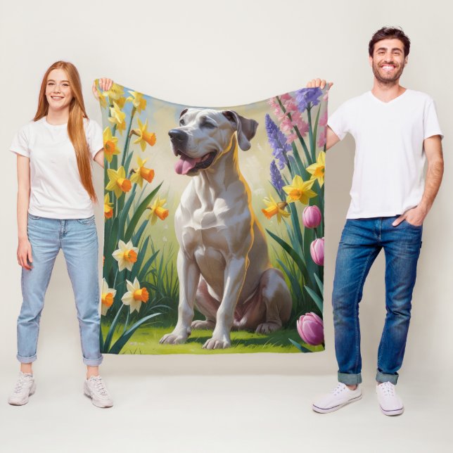 Great Dane Dog Spring Flowers Painting Fleece Blanket (In Situ)