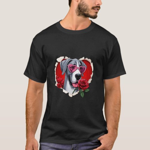 Great Dane Dog Sunglasses Rose Heart Valentine Day T_Shirt