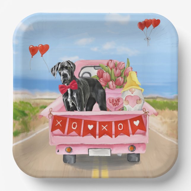 Great Dane Dog Valentine's Day Truck Paper Plates (Front)
