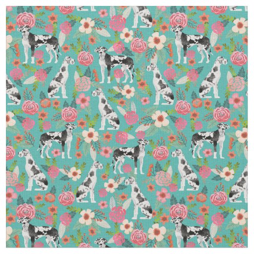 Great Dane dog vintage florals turquoise Fabric