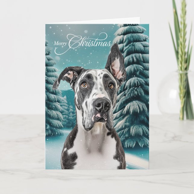 Great Dane Dog Winter Teal Forest Christmas Holiday Card (Front)
