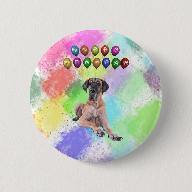 Great Dane Dog Wishing Happy New Year Button (Front)
