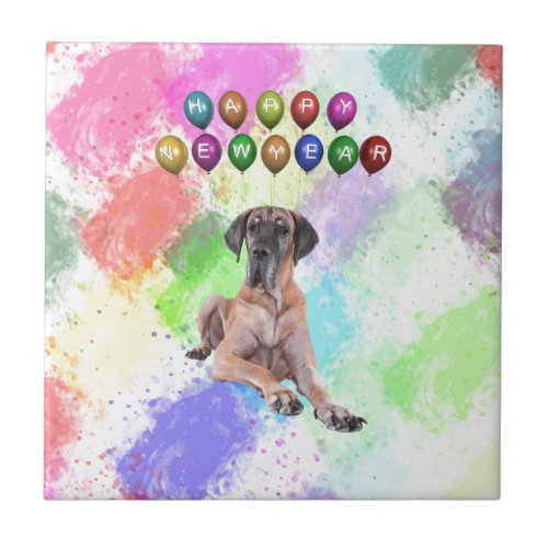 Great Dane Dog Wishing Happy New Year Ceramic Tile