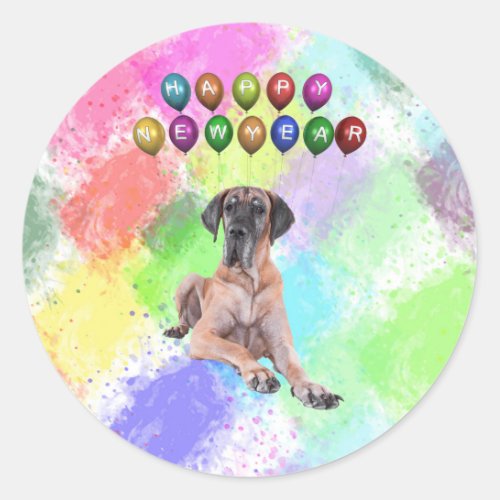 Great Dane Dog Wishing Happy New Year Classic Round Sticker