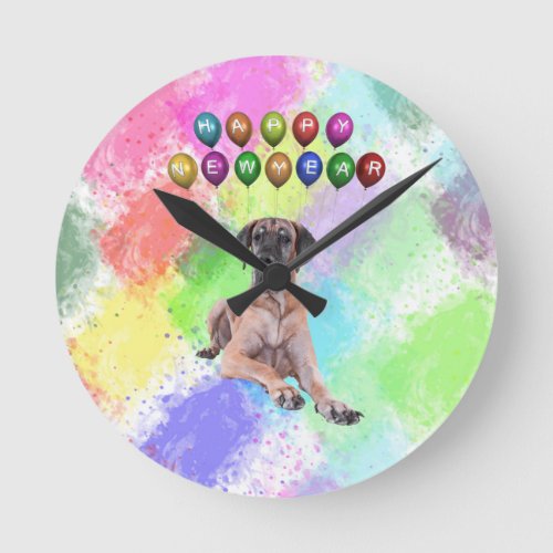 Great Dane Dog Wishing Happy New Year Round Clock