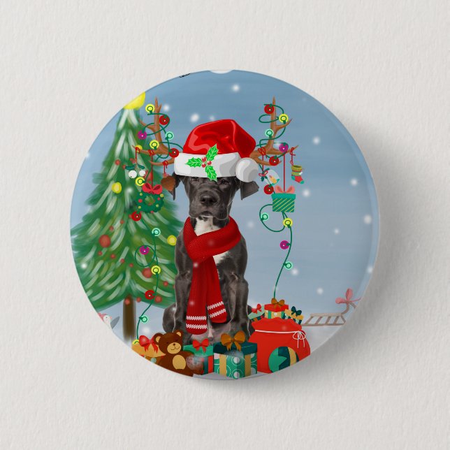 Great Dane dog with Christmas gifts   Button (Front)