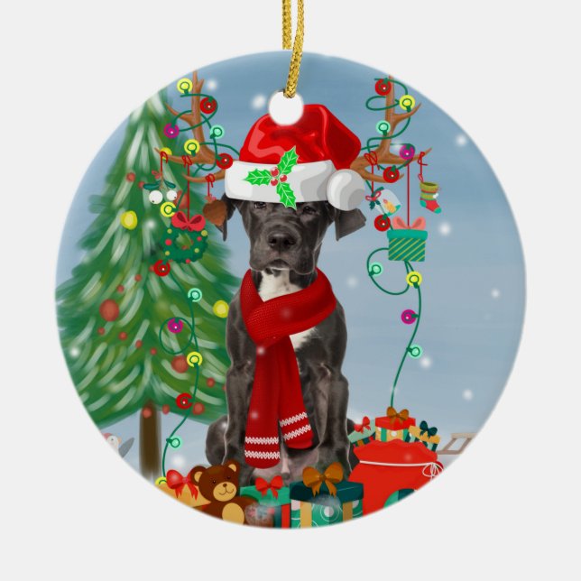 Great Dane dog with Christmas gifts   Ceramic Ornament (Front)