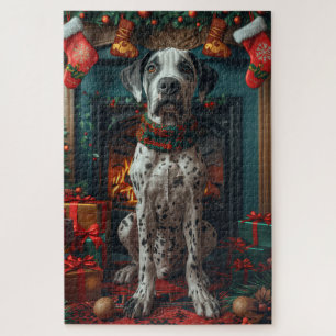Great Dane Dog With Christmas Gifts Fireplace Jigsaw Puzzle