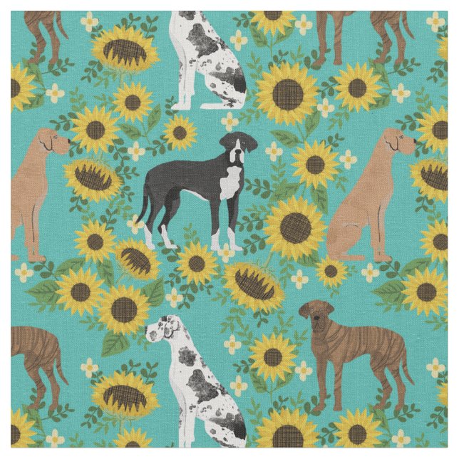 Great Dane dogs sunflowers turquoise Fabric (Close Up)