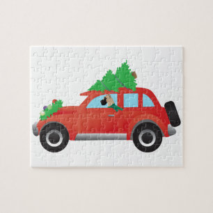 Great Dane driving car with Christmas tree on top Jigsaw Puzzle