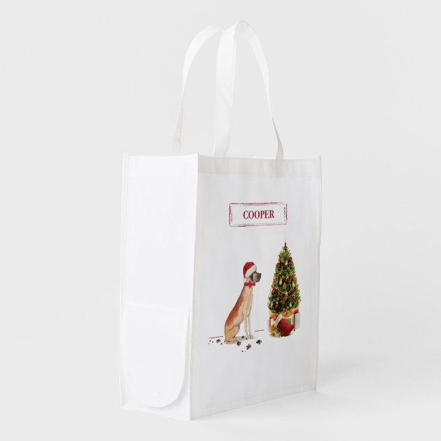 Great Dane Funny Christmas Dog with Tree Grocery Bag (Front Side)