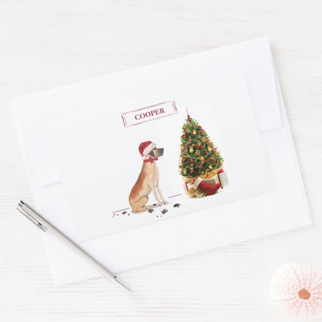 Great Dane Funny Christmas Dog with Tree Rectangular Sticker (Envelope)