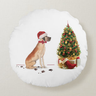 Great Dane Funny Christmas Dog with Tree Round Pillow