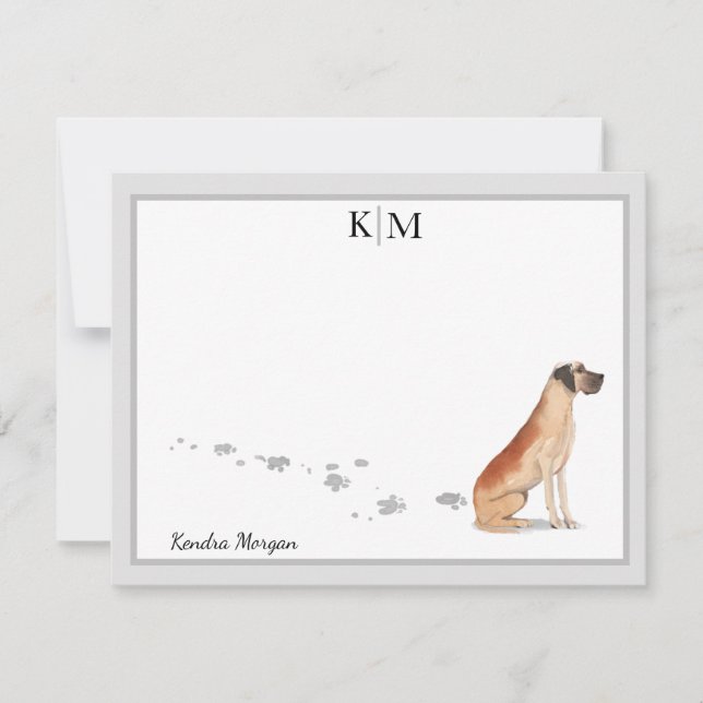 Great Dane Gray Border Monogram Your Name Note Card (Front)