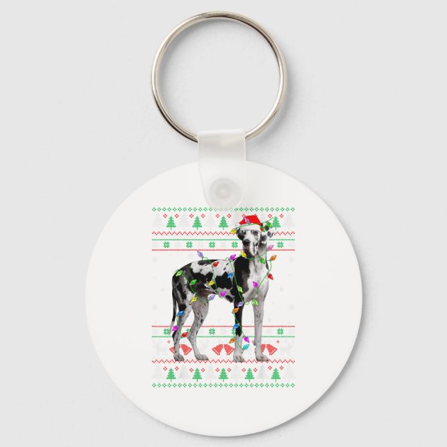 Great Dane Harlequin Dog Christmas Ugly Sweater Li Keychain (Front)
