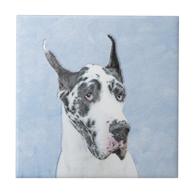 Great Dane (Harlequin) Painting - Original Dog Art Ceramic Tile (Front)
