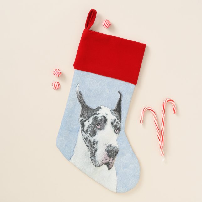 Great Dane (Harlequin) Painting - Original Dog Art Christmas Stocking (Front)