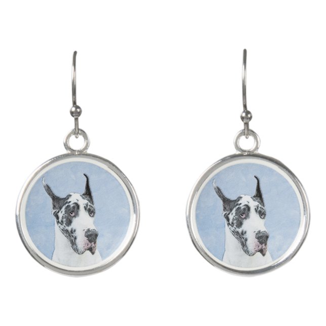 Great Dane (Harlequin) Painting - Original Dog Art Earrings (Front)