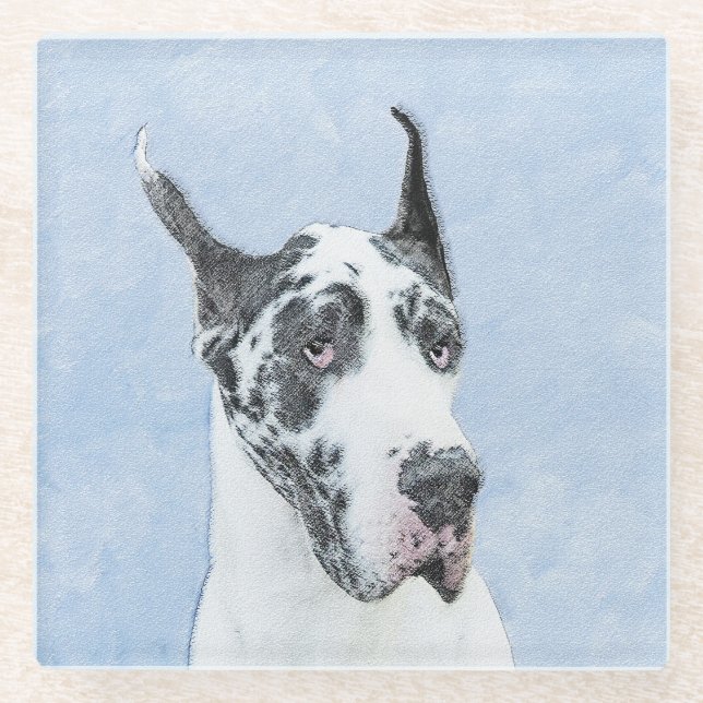 Great Dane (Harlequin) Painting - Original Dog Art Glass Coaster (Front)