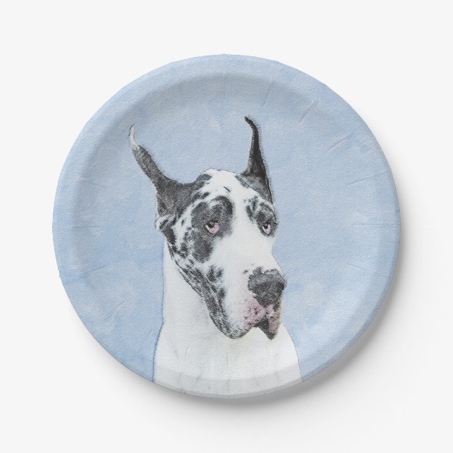 Great Dane (Harlequin) Painting - Original Dog Art Paper Plates (Front)