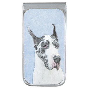Great Dane (Harlequin) Painting - Original Dog Art Silver Finish Money Clip