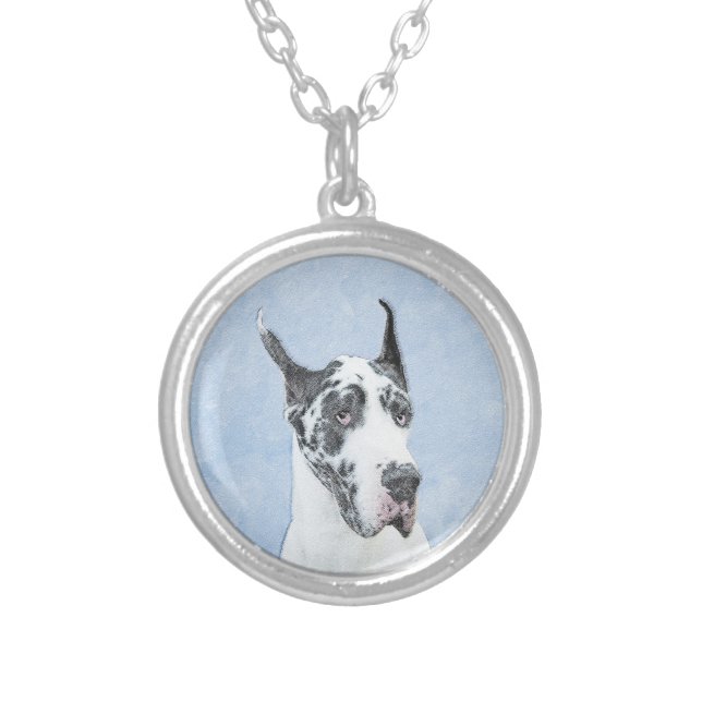 Great Dane (Harlequin) Painting - Original Dog Art Silver Plated Necklace (Front)
