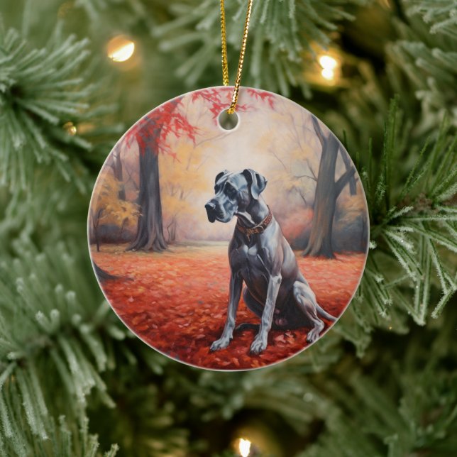 Great Dane in Autumn Leaves Fall Inspire  Ceramic Ornament (Tree)