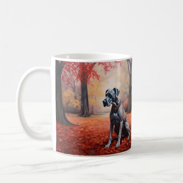 Great Dane in Autumn Leaves Fall Inspire  Coffee Mug (Left)