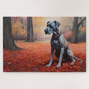 Great Dane in Autumn Leaves Fall Inspire Jigsaw Puzzle