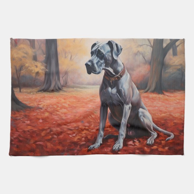 Great Dane in Autumn Leaves Fall Inspire  Kitchen Towel (Horizontal)