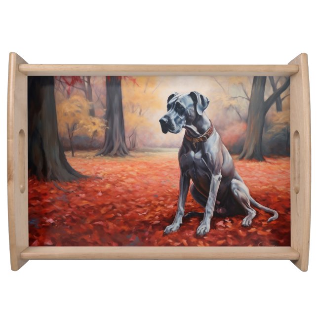 Great Dane in Autumn Leaves Fall Inspire  Serving Tray (Front)