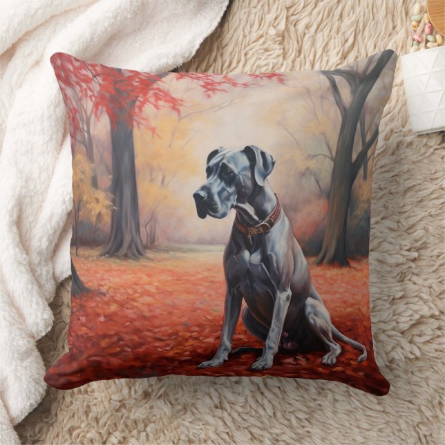 Great Dane in Autumn Leaves Fall Inspire  Throw Pillow (Blanket)