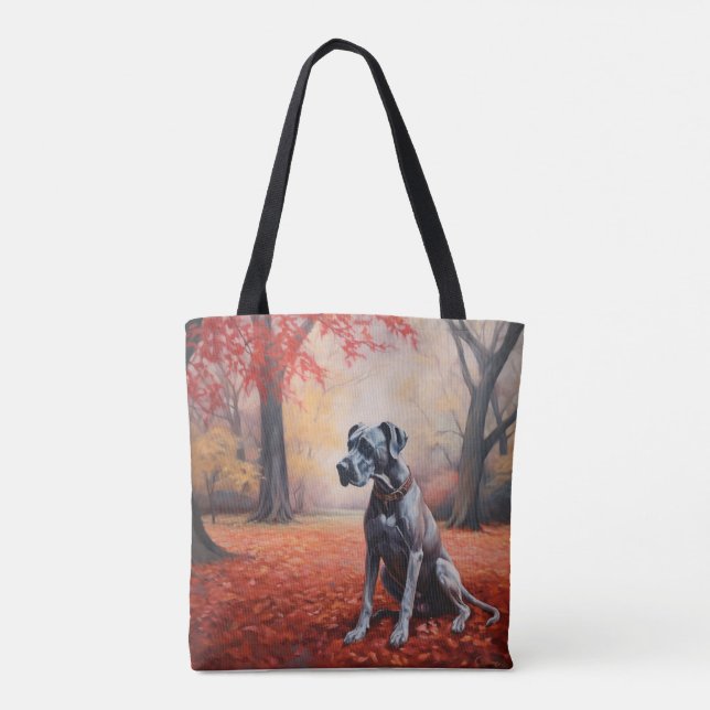 Great Dane in Autumn Leaves Fall Inspire  Tote Bag (Back)