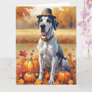 Great Dane In Autumn Leaves Thanksgiving Art Card