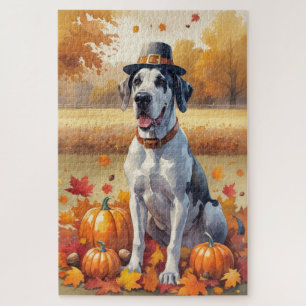 Great Dane In Autumn Leaves Thanksgiving Art Jigsaw Puzzle