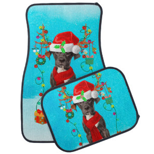 Great Dane in snow with Christmas gifts Car Floor Mat