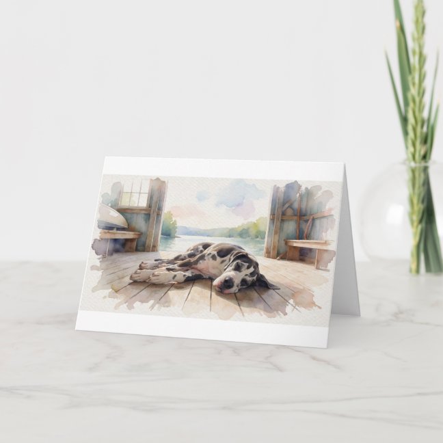 Great Dane Napping On The Lakeside Boathouse Floor Card