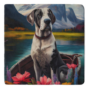 Great Dane on a Paddle: A Scenic Adventure Trivet